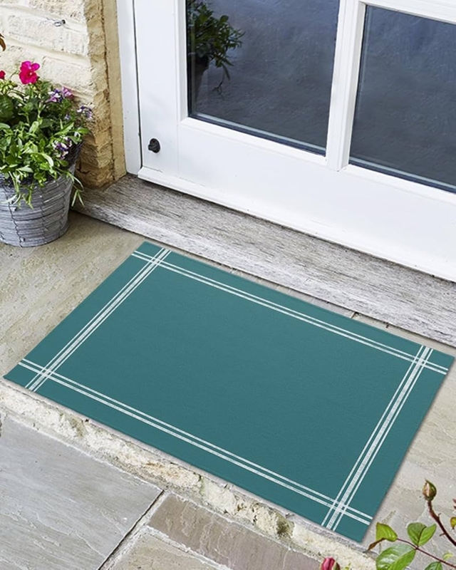 Doormat Turquoise Double Line Border Minimalist Welcome Mat Low Profile