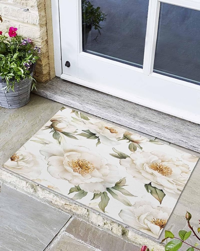 Doormat Vintage Floral Entryway Mat, Large Scale Peony Botanical Print