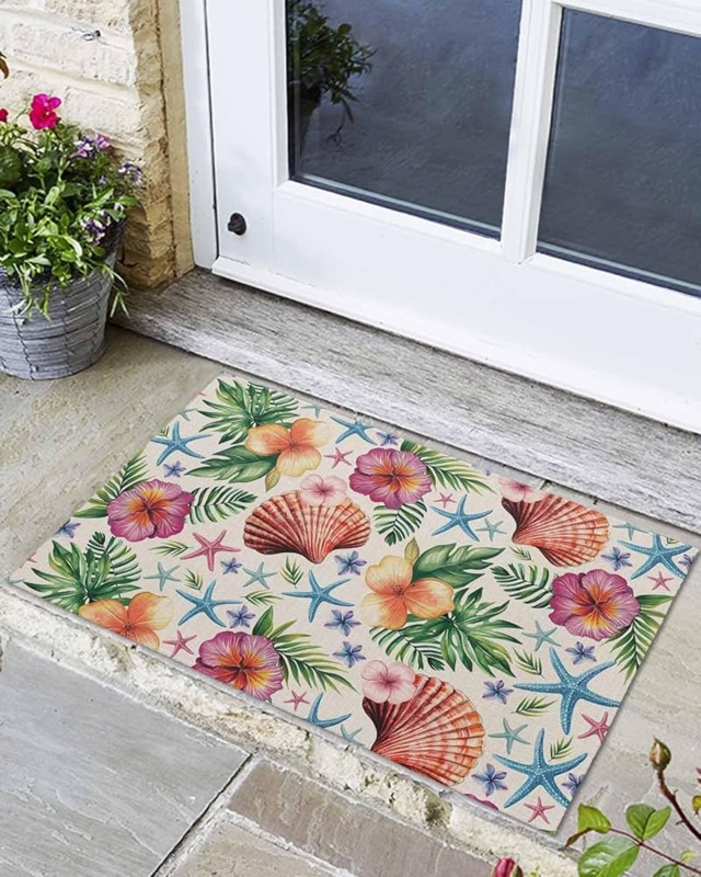 Doormat Watercolor Coastal Artwork Starfish And Shell Print Outdoor Rug