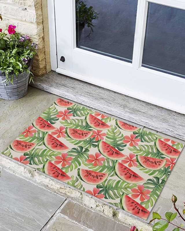 Doormat Watermelon Print Monstera Leaf Linen Look Tropical Fruit Decor