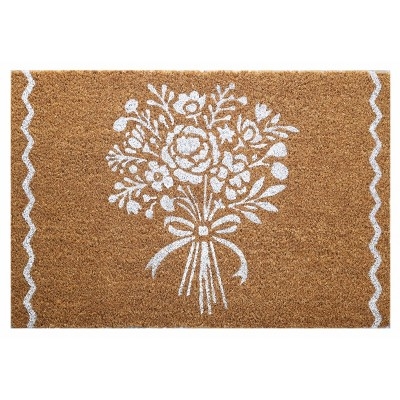 Doormat, Wavy Side Borders, Floral Print, Natural Coir, Cottagecore Mat
