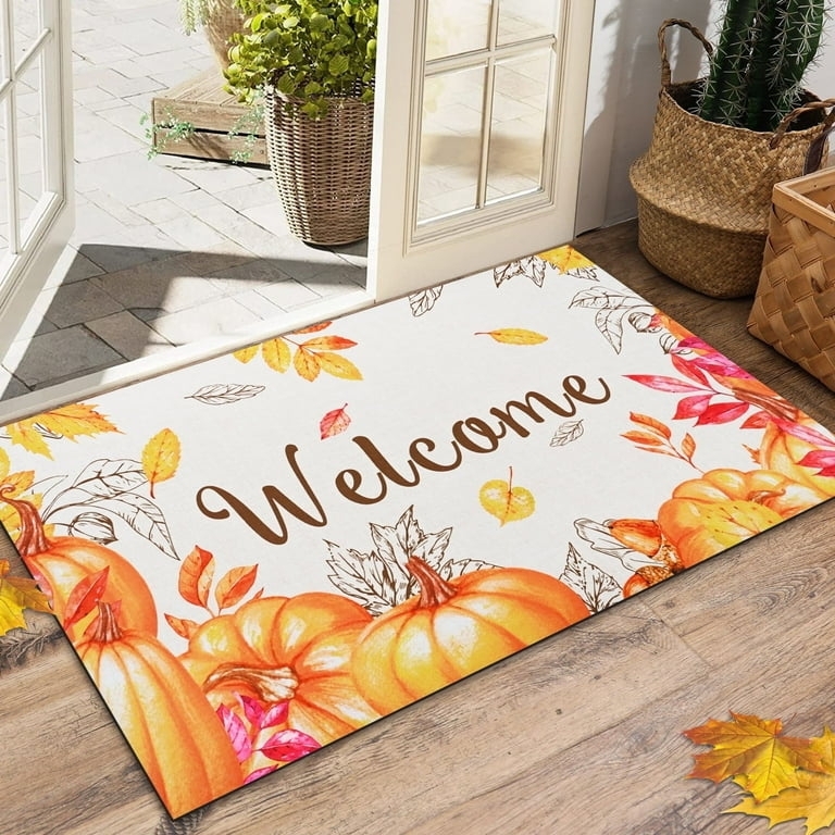Doormat, "Welcome" Script, Botanical Pumpkin Print, Synthetic Fiber