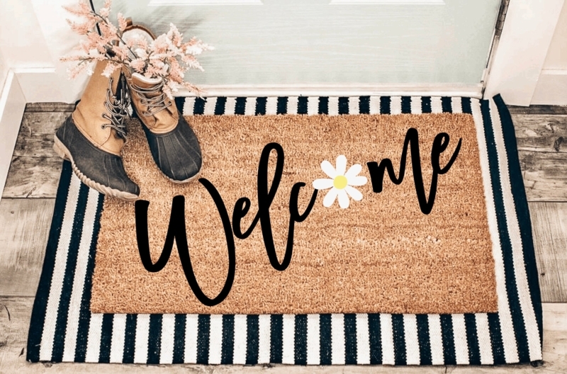 Doormat Welcome Script with Daisy Accent and Layered Rugs, Coir