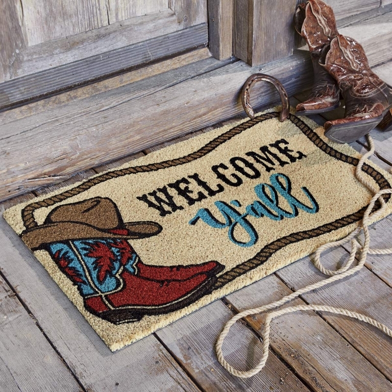 Doormat Western Rustic Cowboy Boot Graphic Y'all Script Rope Border