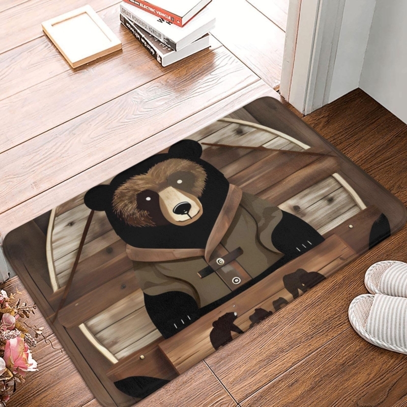 Doormat Whimsical Bear In Coat Graphic Wood Plank Print Rustic Lodge