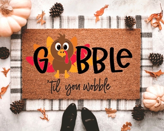 Doormat, Whimsical Cartoon Turkey, Layered Buffalo Check Design