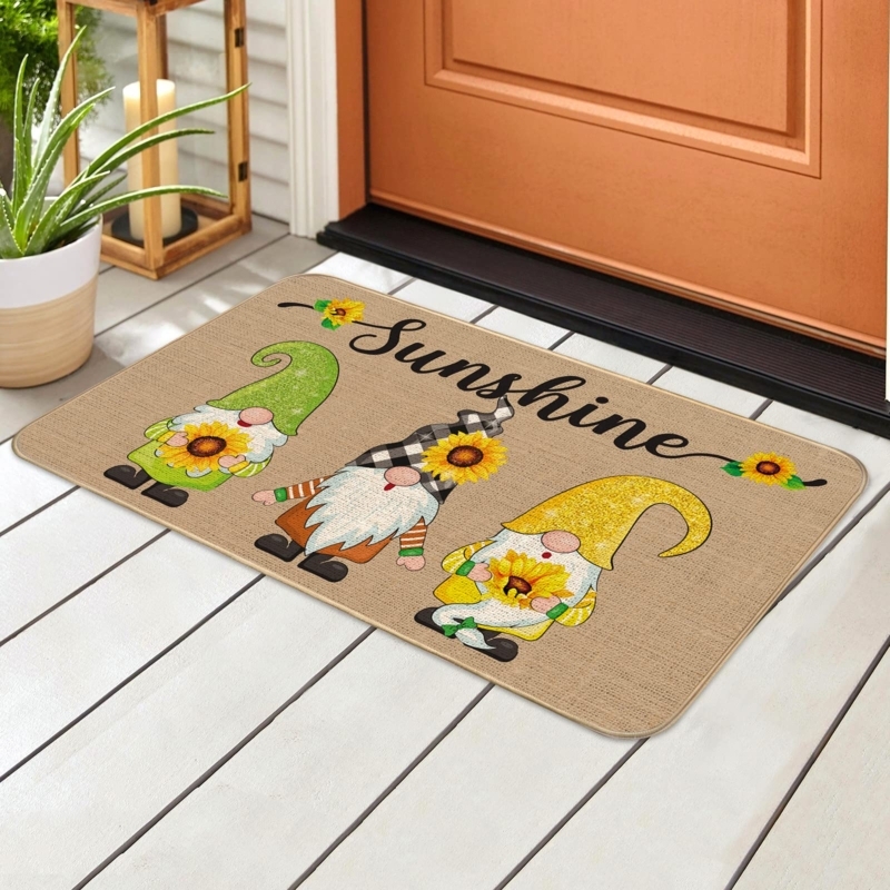 Doormat Whimsical Gnome and Sunflower Illustration Tan (54)