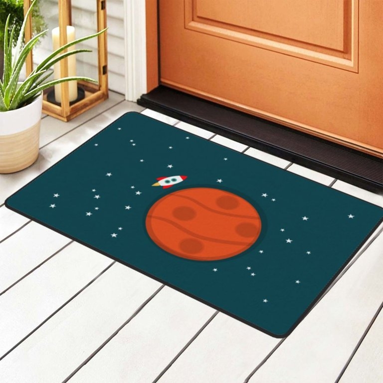 Doormat Whimsical Space Theme Rocket Ship Planet Navy Low Profile
