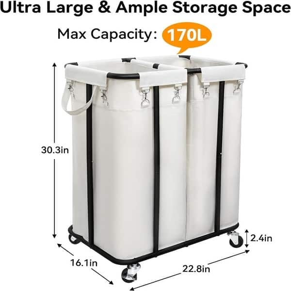 Double Laundry Sorter Black Frame Off-White Fabric High Capacity