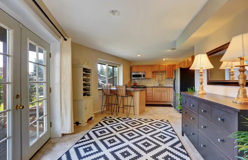 Double Patio Doors White Geometric Area Rug Transitional Kitchen