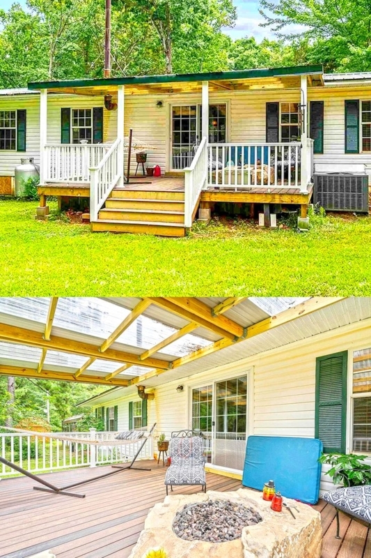 Double Wide Deck with Translucent Roof Panels and Stone Fire Pit