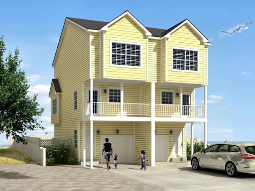 Duplex House Coastal Design with Elevated Balcony and Three Story Layout