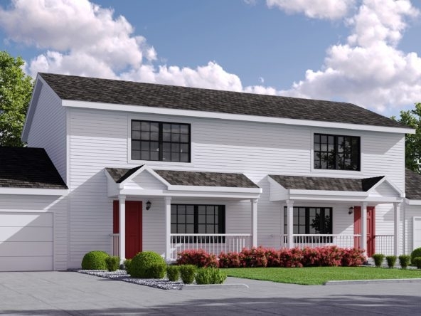 Duplex Red Front Doors with White Horizontal Siding and Gabled Porches