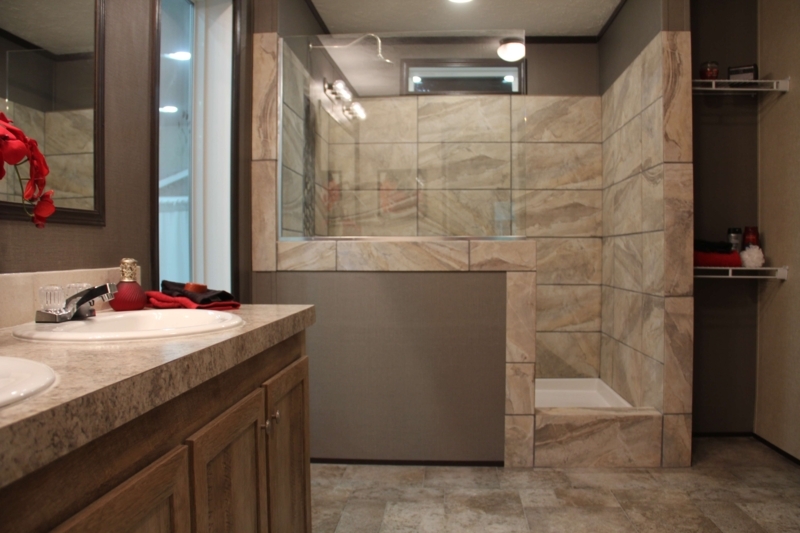 Earthy Modern Bathroom: Walk-In Shower with Large Format Stone Tile
