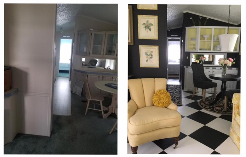 Eclectic Dining Room: Bold Checkered Floor & Yellow Channeled Chair