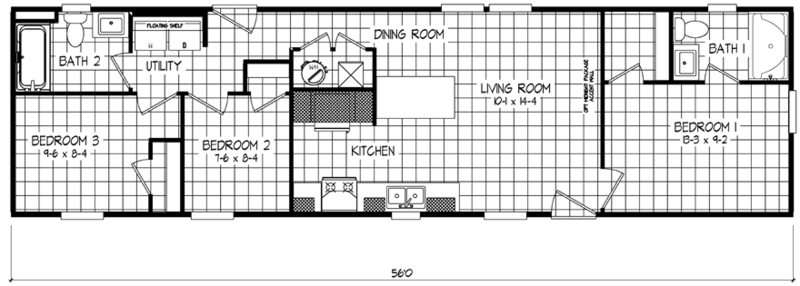Efficient 840 Sq Ft Three Bedroom Floor Plan