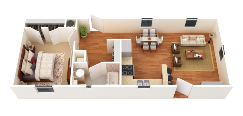 Efficient Single Bedroom Floor Plan with Compact Galley Kitchen