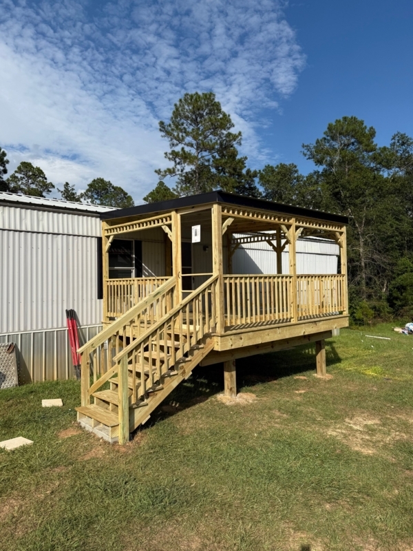 Elevated Wooden Porch with Integrated Staircase & Black Trim