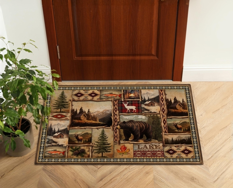 Entryway Rug Wildlife Collage Design Geometric Border Low Pile Rustic