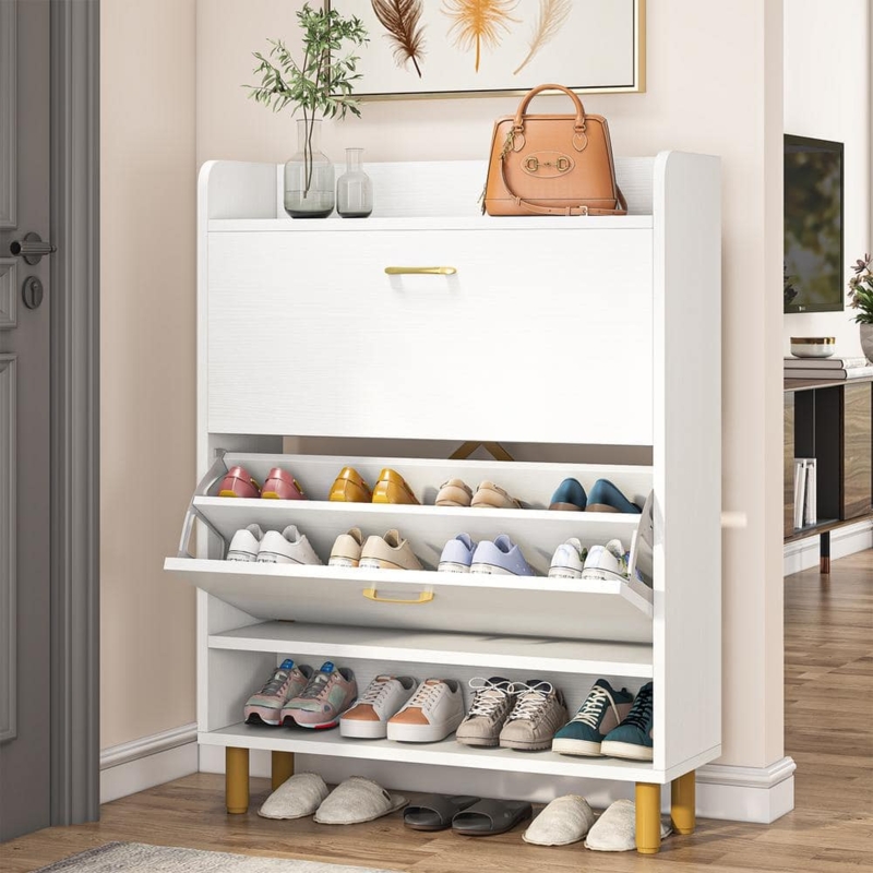 Entryway Shoe Cabinet with Flip-Down Drawers and Open Shelves