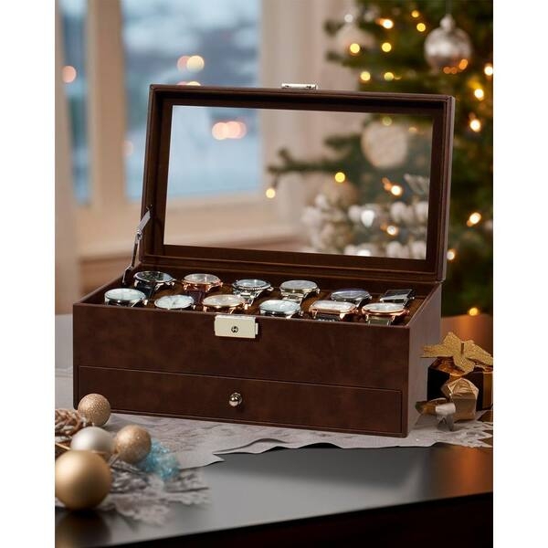 Espresso Brown Watch Box Glass Top Lockable Clasp Storage Drawer