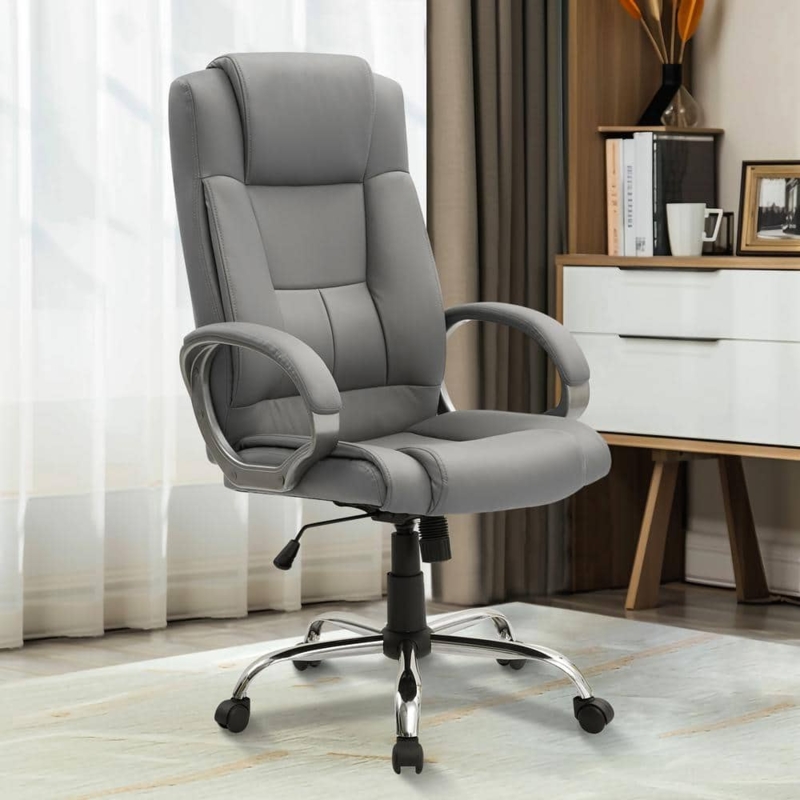 Executive Office Chair Gray Leather-Like Chrome Base