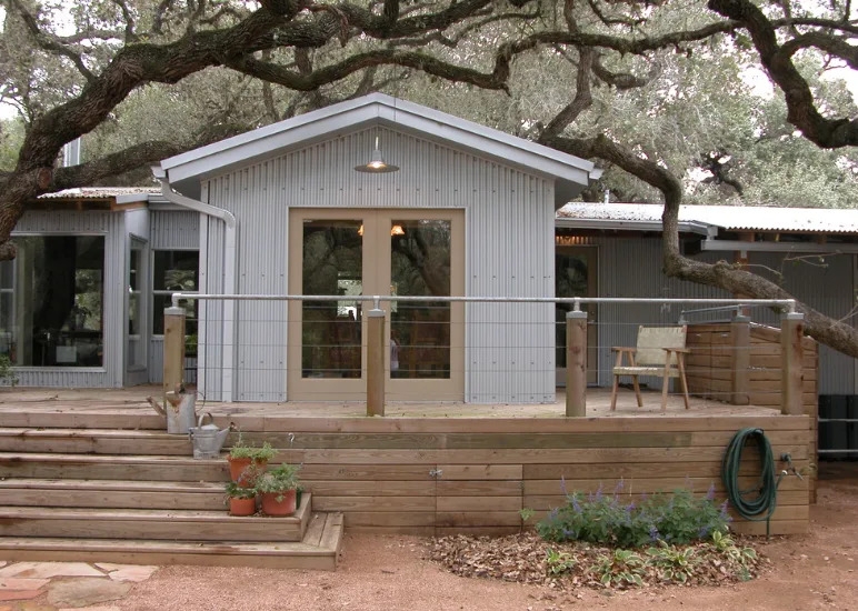 Expansive Wooden Deck With Cable Railing | Modern Industrial Exterior