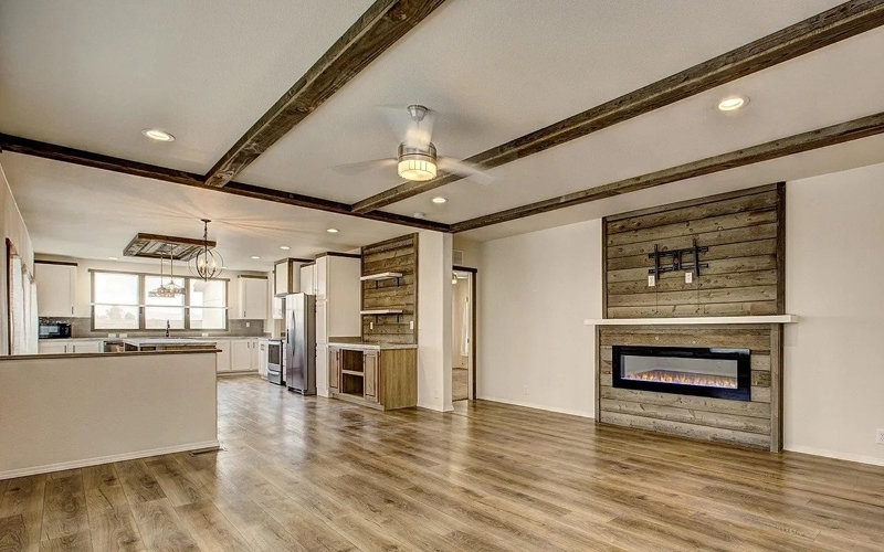 Exposed Beams in Modern Rustic Open Concept Living Room