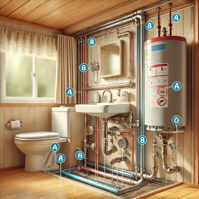 Exposed Plumbing System in Compact Utility Layout with Wood Paneling