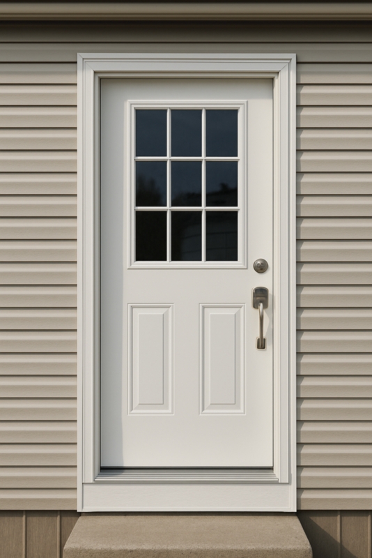 Exterior Door with Nine-Pane Window and Nickel Hardware