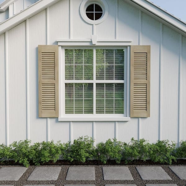 Exterior Shutters: Unfinished Wood Louvered Pair for Modern Farmhouse