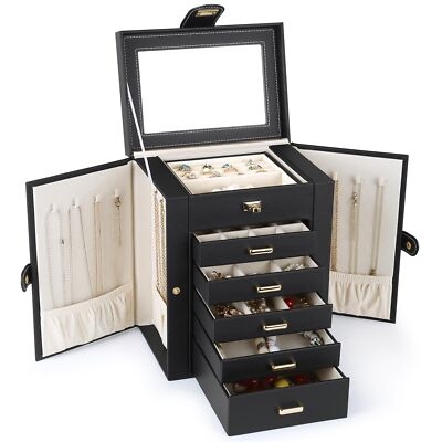 Extra Large Black Jewelry Chest Six Tier Capacity with Side Opening Wings