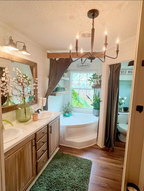Farmhouse Bathroom Corner Tub Layout with Rustic Shiplap Walls