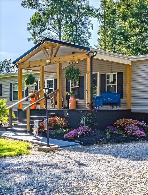 Farmhouse Front Porch with Blue Accent Bench Decor