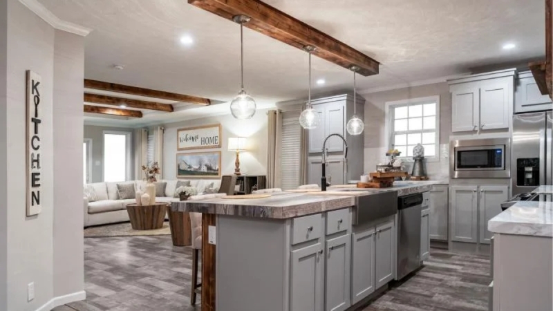 Farmhouse Kitchen Grey Cabinets Exposed Beams Wood Island Top