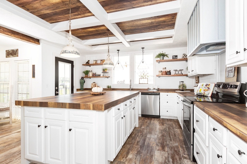 Farmhouse Kitchen Island: Coffered Wood Ceiling, Butcher Block Style Top.