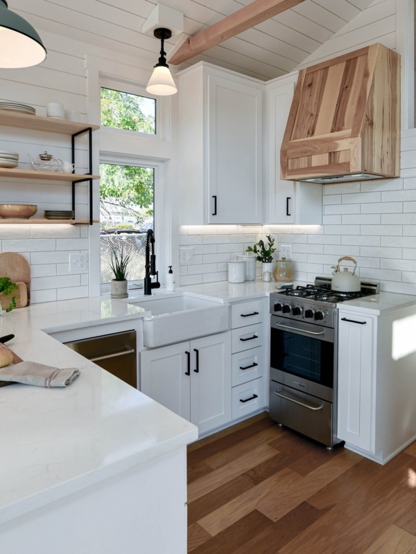 Farmhouse Kitchen Layout: Shiplap Ceiling, Wood Range Hood.