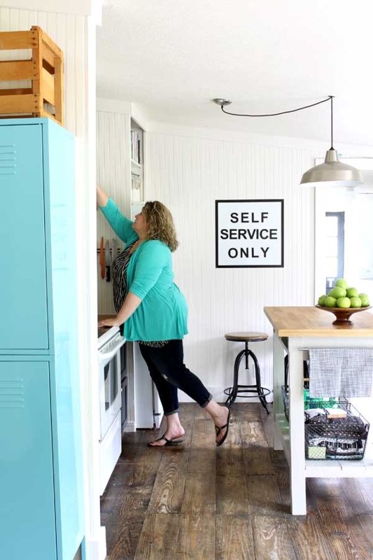 Farmhouse Kitchen with Turquoise Locker Storage and Beadboard