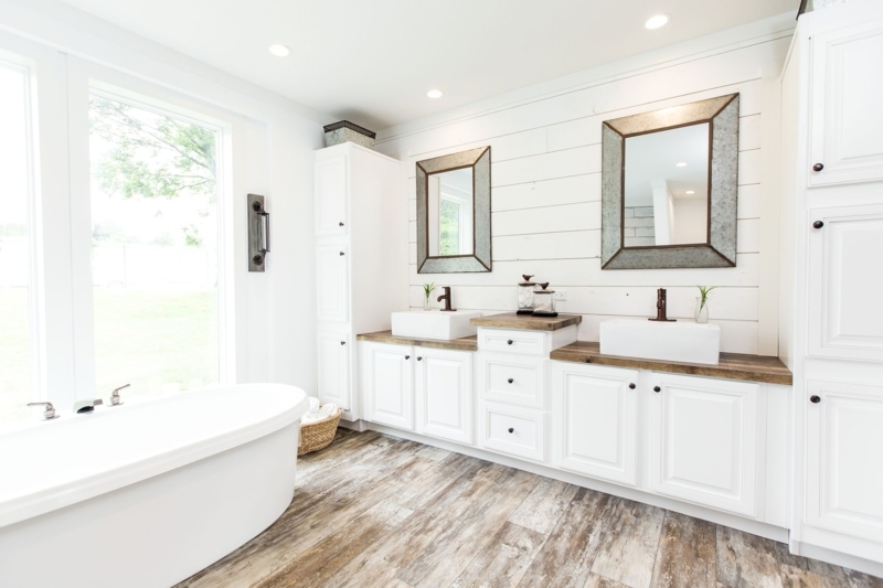 Farmhouse Master Bath: Double Vanity with Vessel Sinks & Shiplap Wall