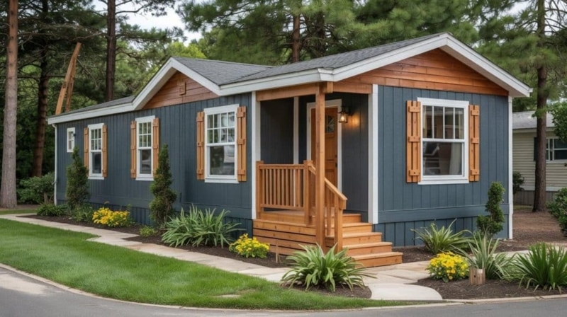 Farmhouse Mobile Home Exterior: Dark Siding with Cedar Wood Accents