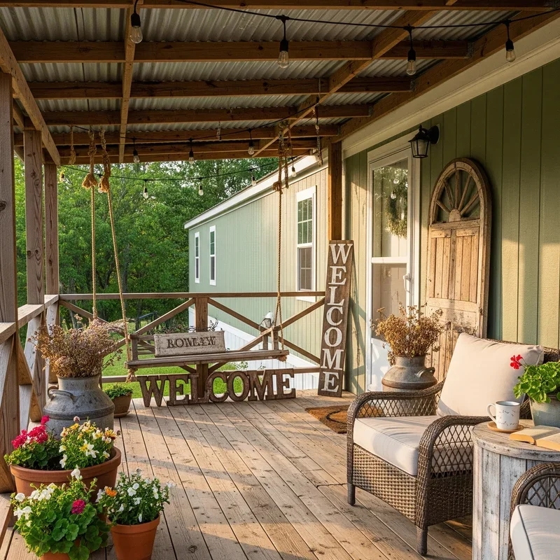 Farmhouse Porch with Corrugated Metal Roof and Hanging Swing