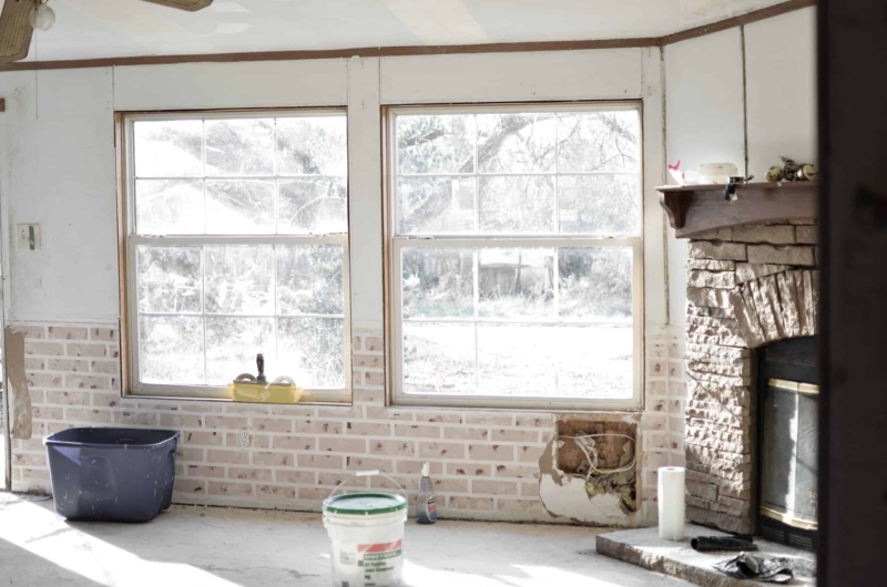 Farmhouse Renovation: Stone Fireplace & Brick Patterned Wall