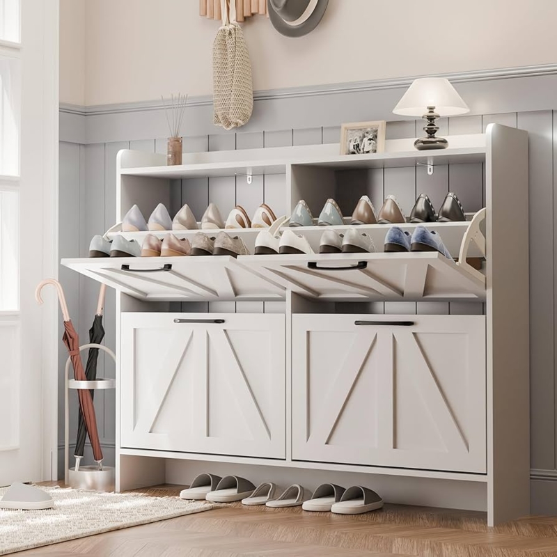 Farmhouse Shoe Cabinet White Barn Door Panels Slim Profile