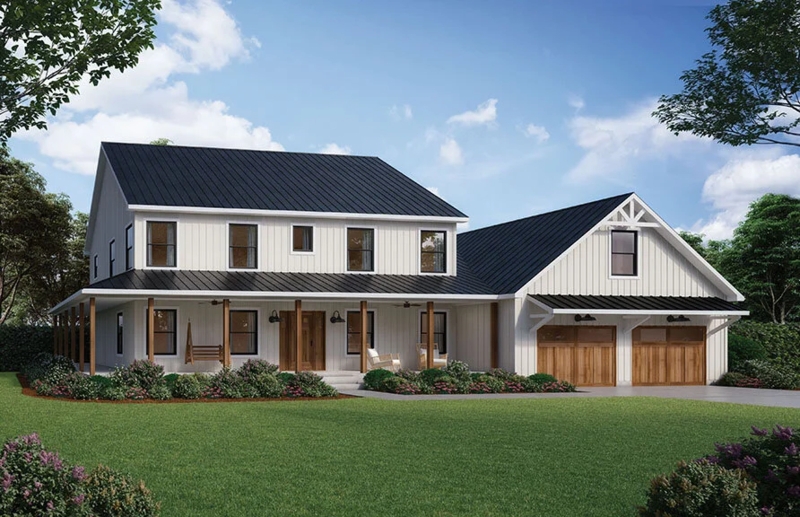 Farmhouse Wood Carriage Garage Doors Standing Seam Roof Design