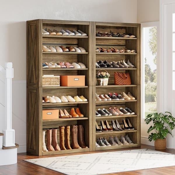 Farmhouse Wood Shoe Storage Cabinet with Open Shelves & X-Side Panels