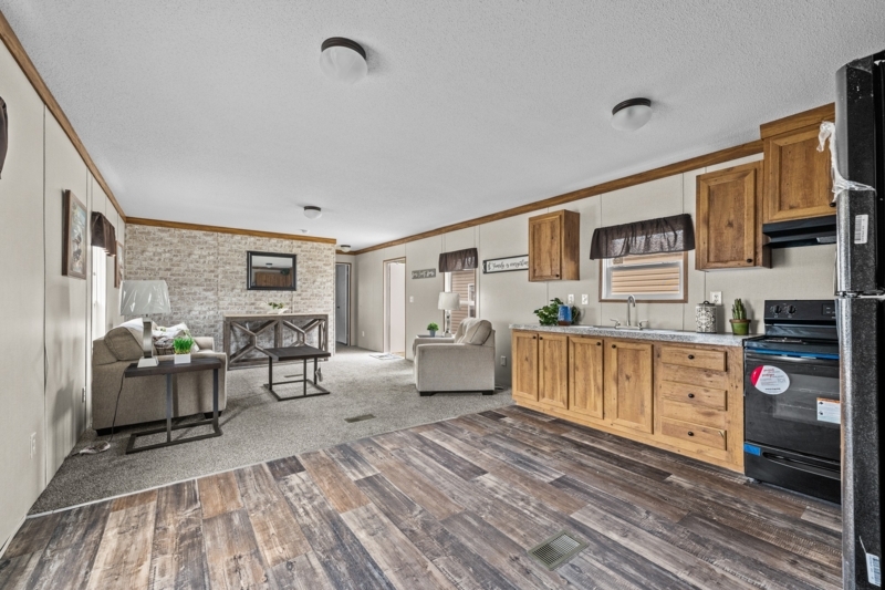 Faux Brick Accent Wall Living Room in Open Concept Layout.
