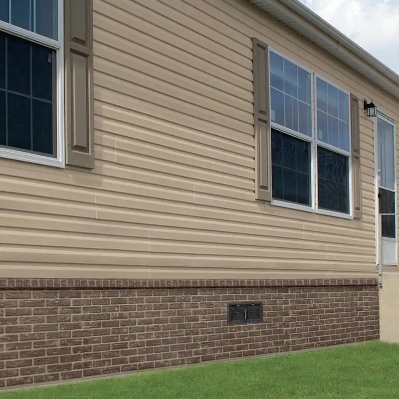 Faux Brick Foundation Panels in Earthy Brown with Tan Siding