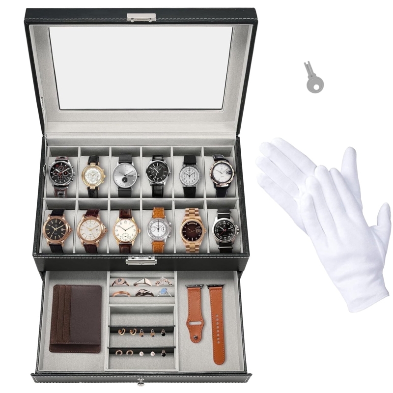 Faux-Leather Watch Box Organizer including Handling Gloves