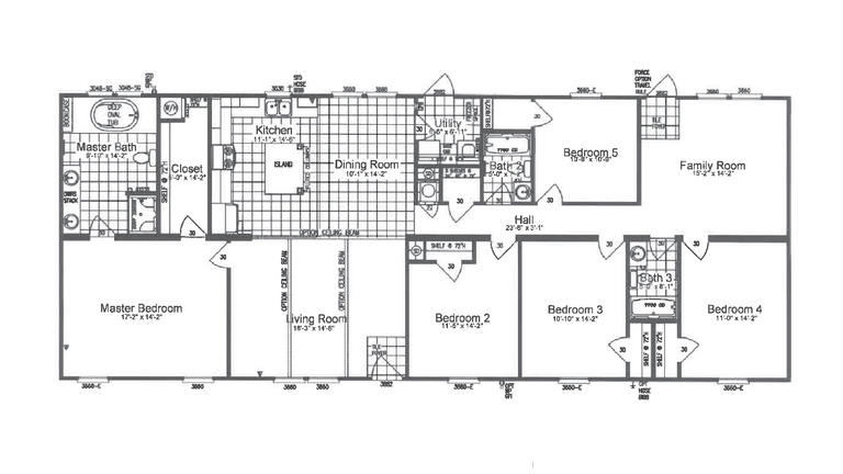 Five-Bedroom Floor Plan with Deep Oval Tub Master Bath