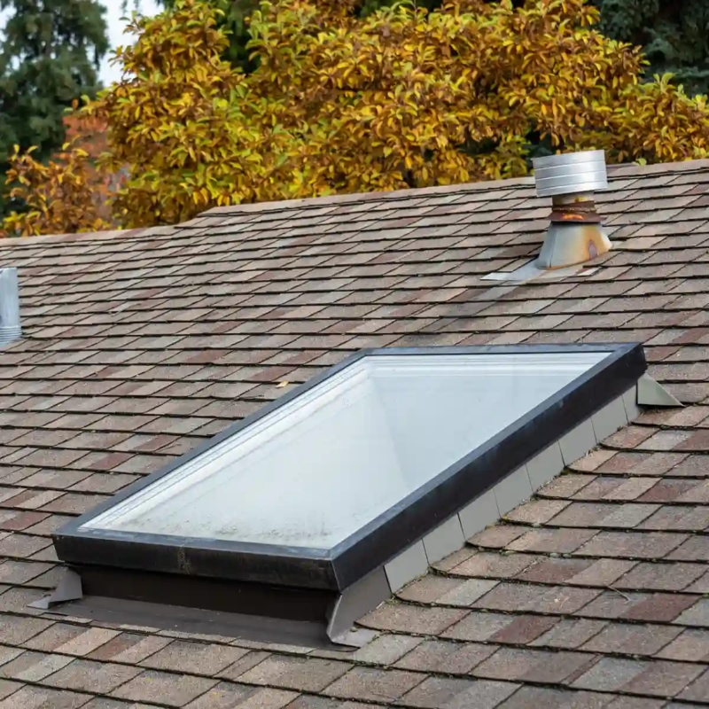 Flat Profile Roof Skylight: Dark Frame, Asphalt Shingles